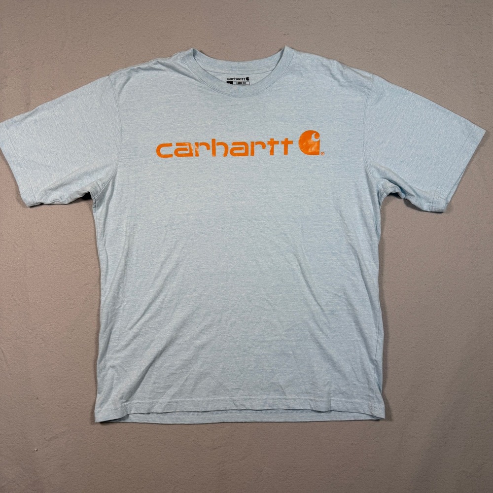 Carhartt Mens Loose Fit Graphic T Shirt L Blue Heather Orange Logo Short Sleeve